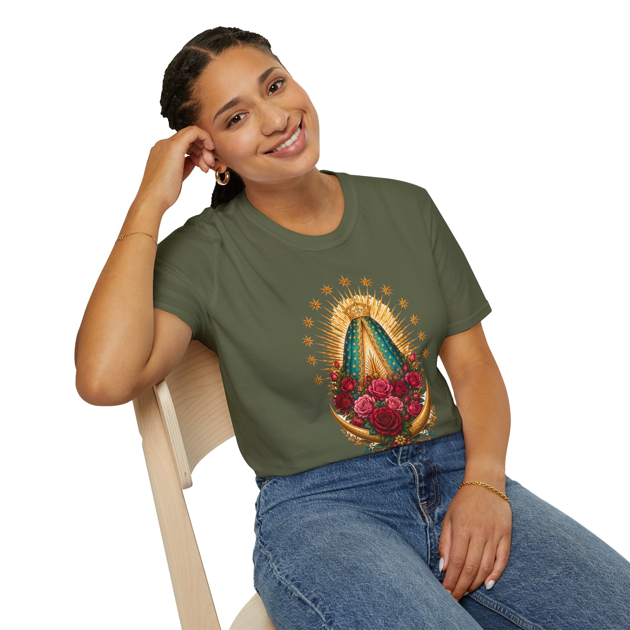 Playera Virgen de Guadalupe con Manto, Rosas y Luna Dorada