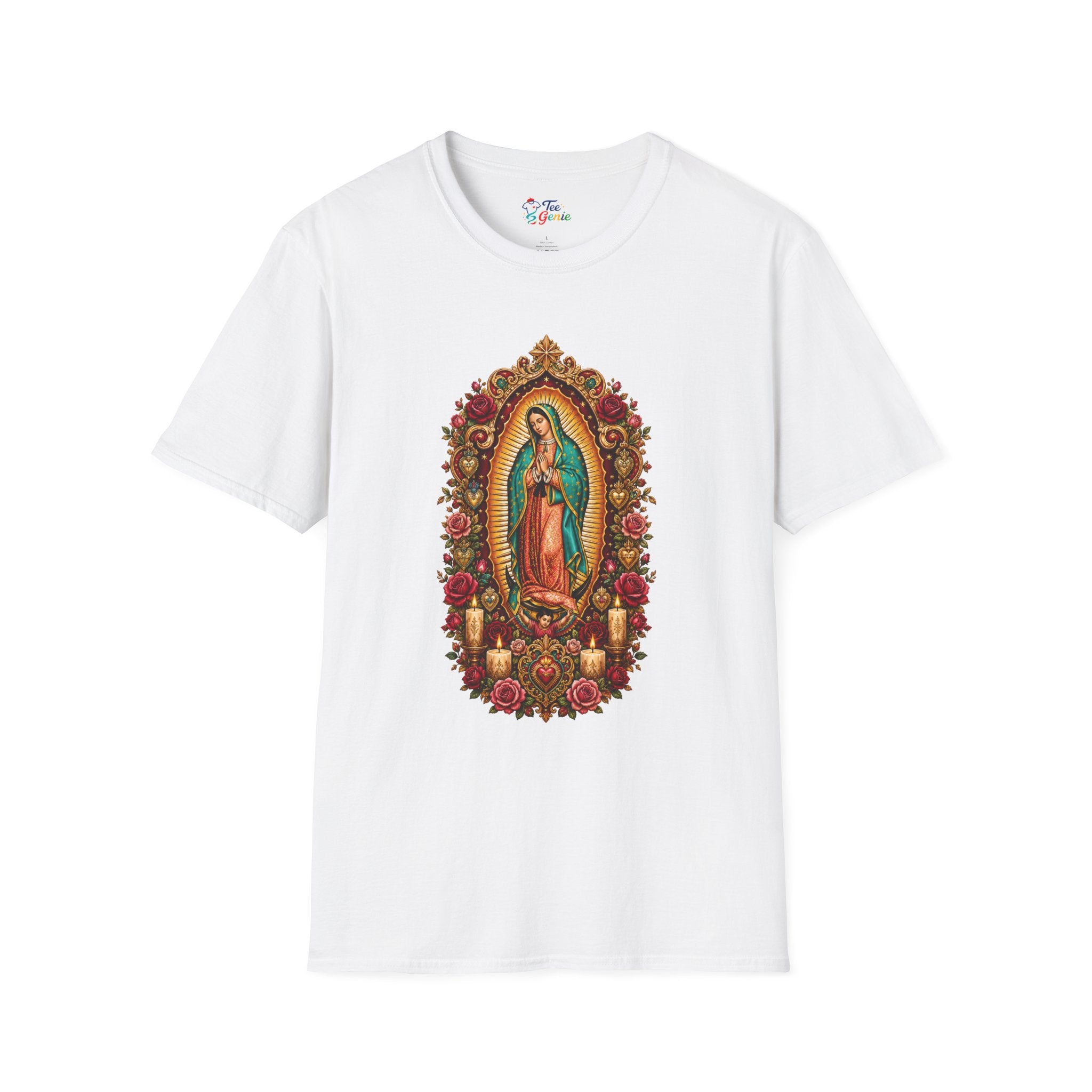 Playera Virgen de Guadalupe Estilo Retablo con Corazones Sagrados