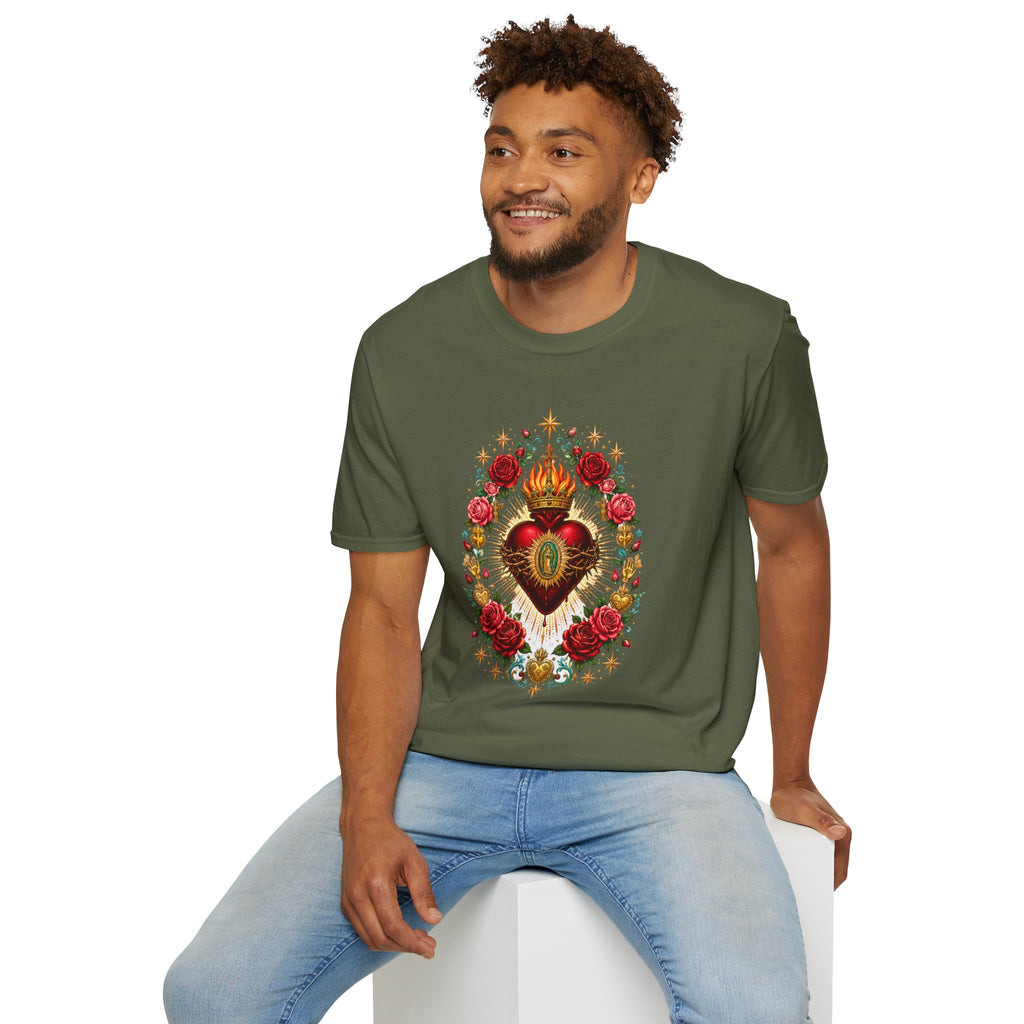 Playera Corazón Sagrado de Guadalupe con Rosas Mexicanas