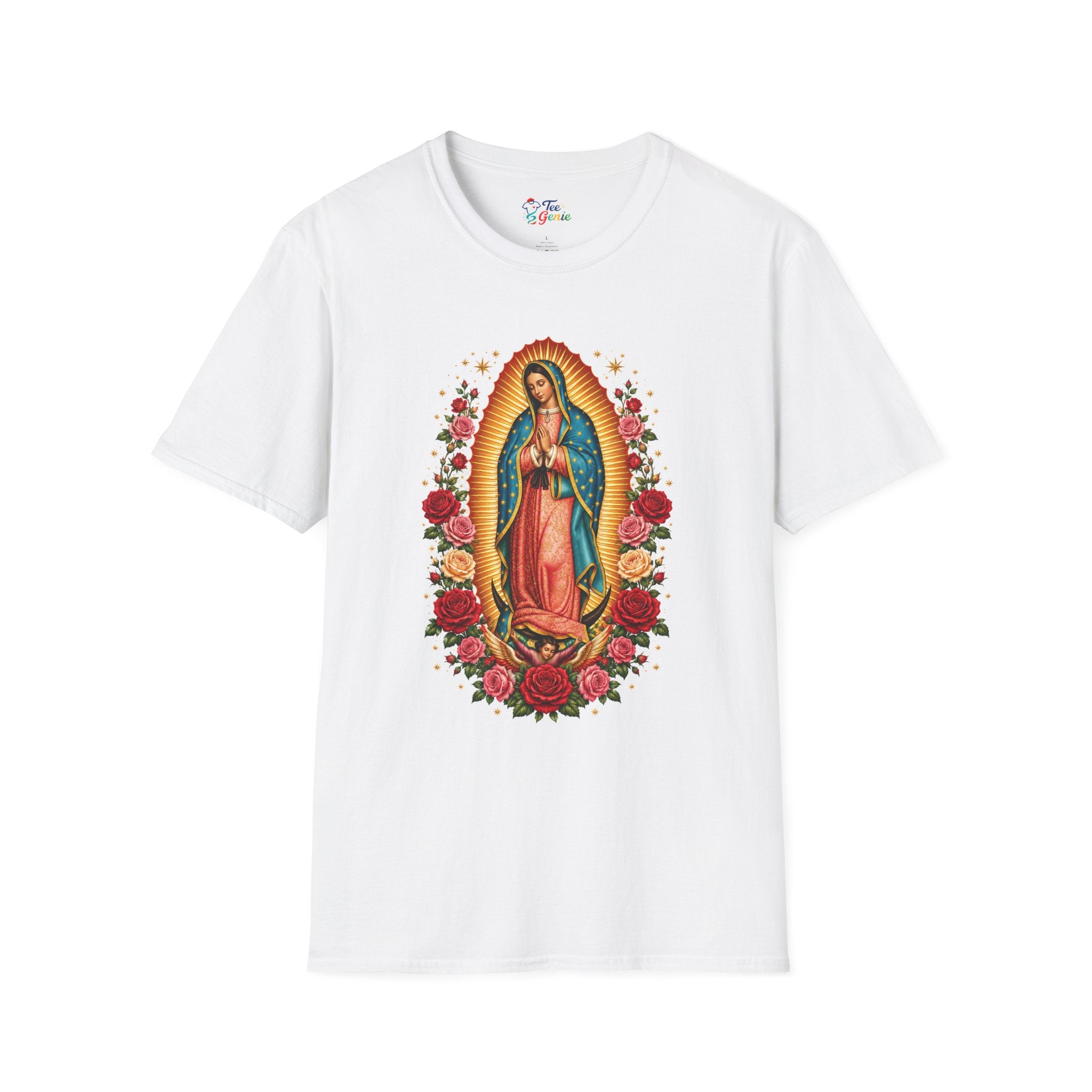 Playera Virgen de Guadalupe con Rosas y Rayos Dorados