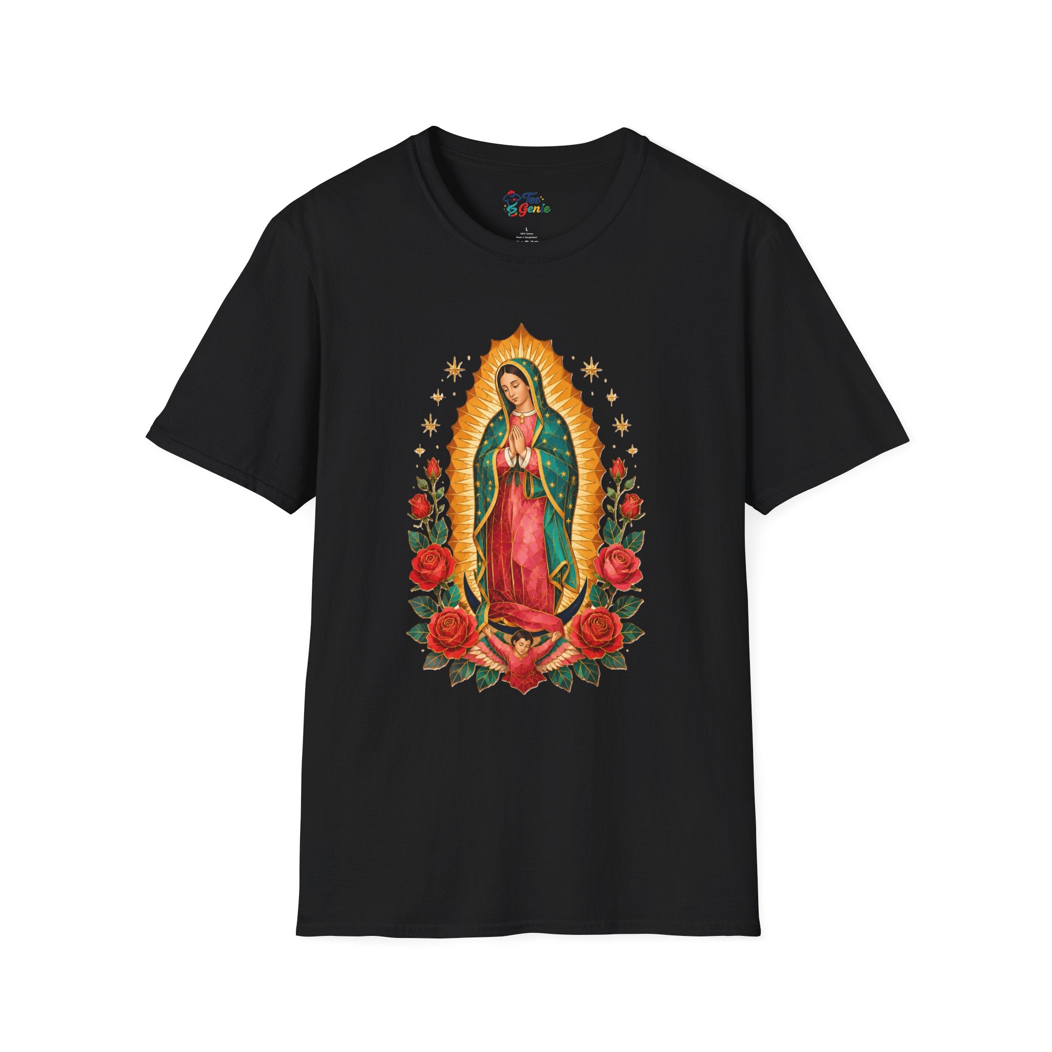 Playera Virgen de Guadalupe Geométrica con Rosas Mexicanas