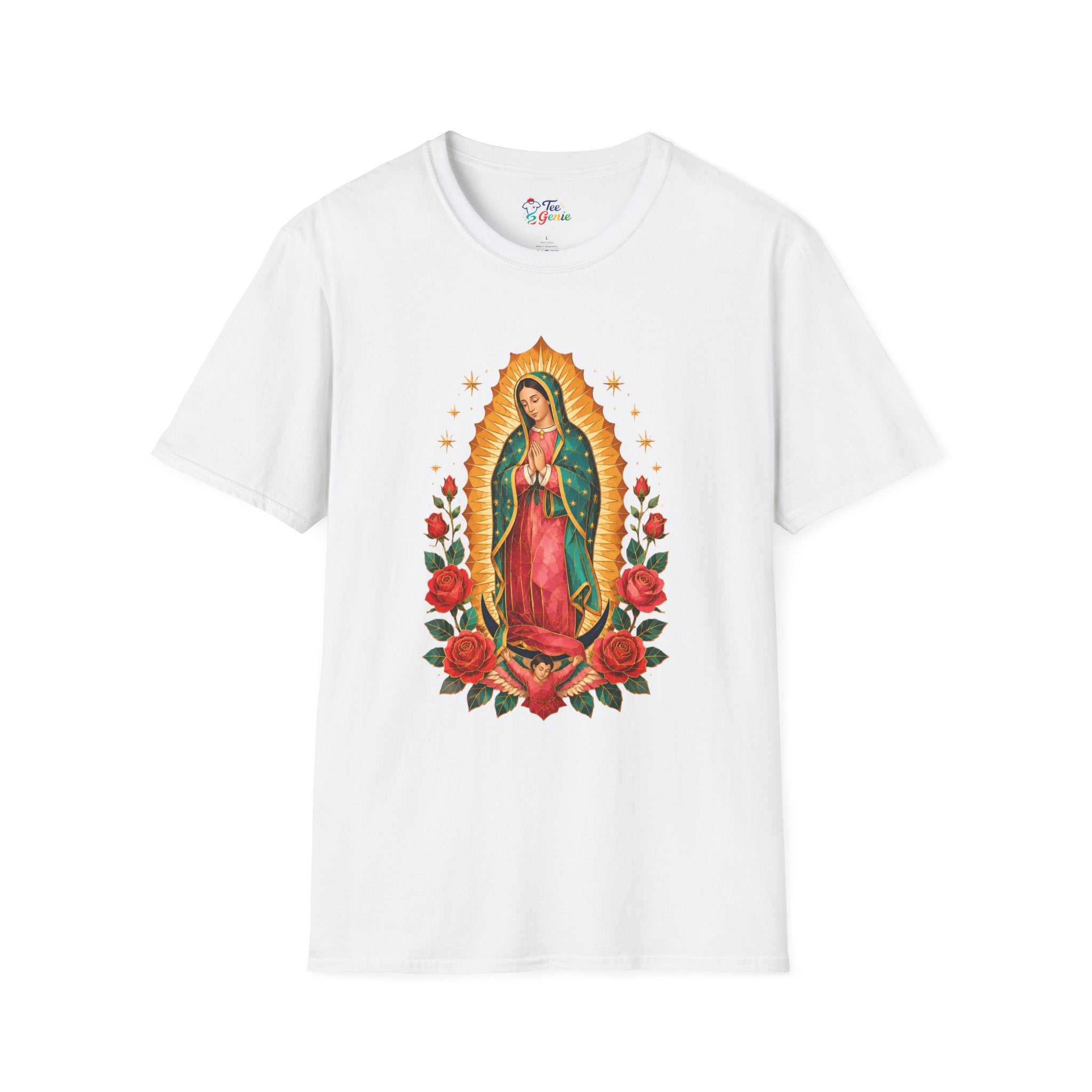 Playera Virgen de Guadalupe Geométrica con Rosas Mexicanas