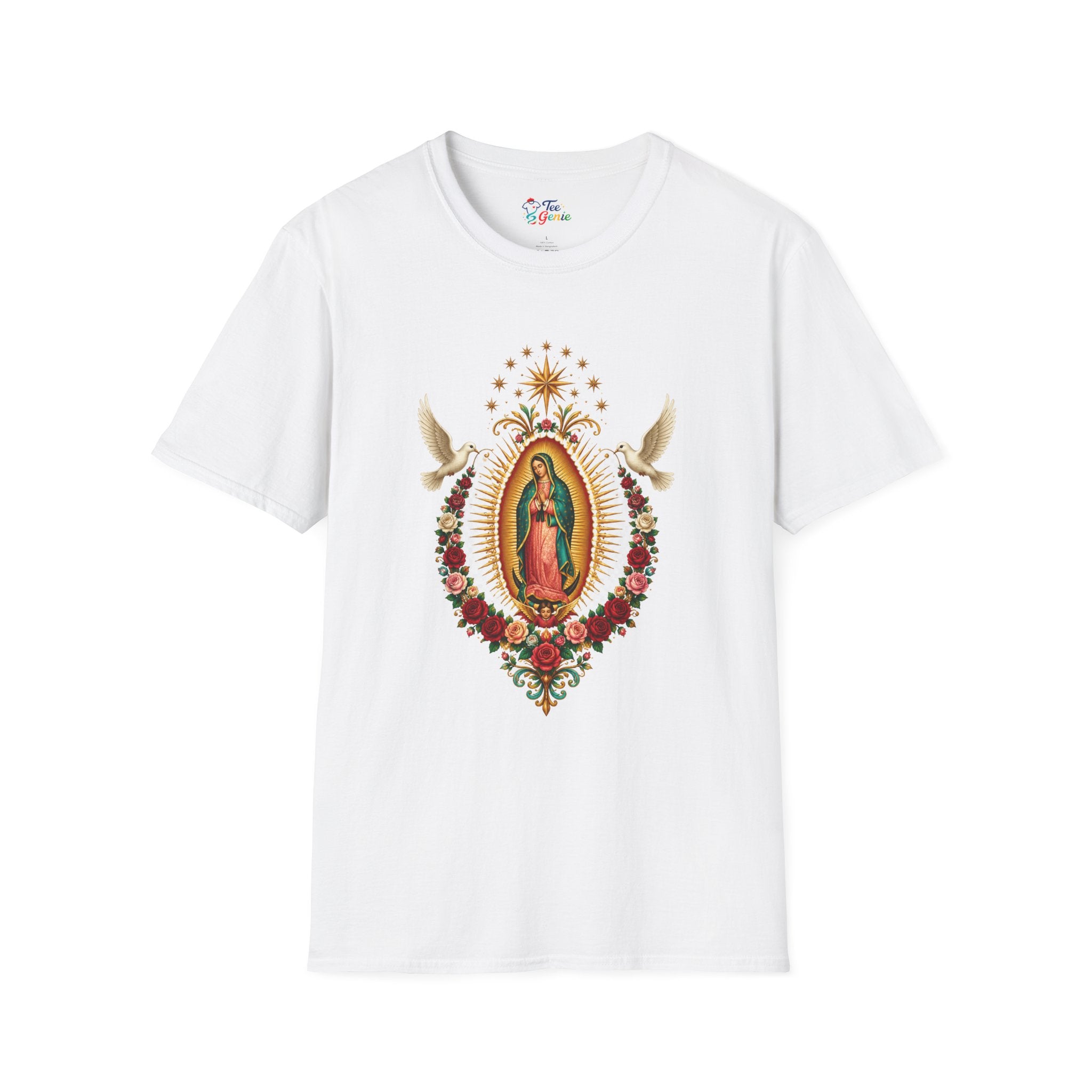 Playera Virgen de Guadalupe con Palomas y Rosas Doradas