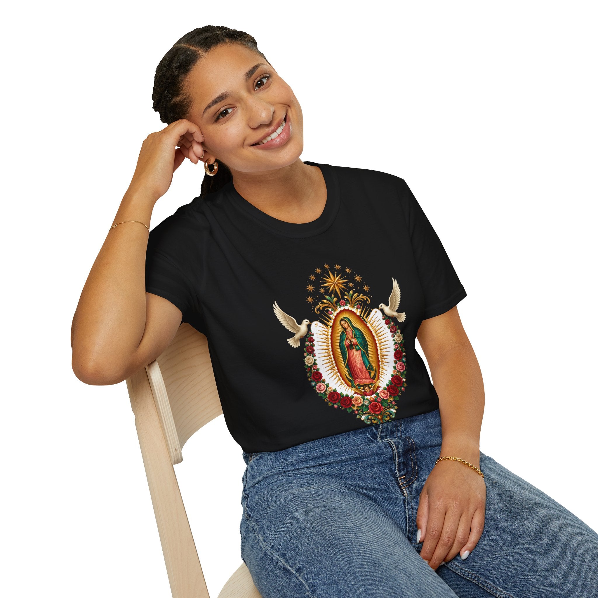 Playera Virgen de Guadalupe con Palomas y Rosas Doradas