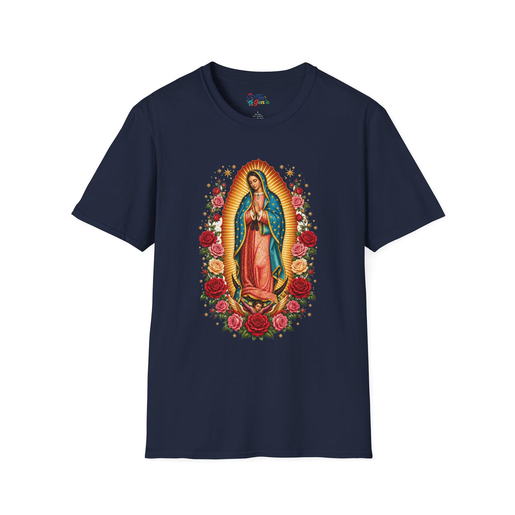 Playera Virgen de Guadalupe con Rosas y Rayos Dorados