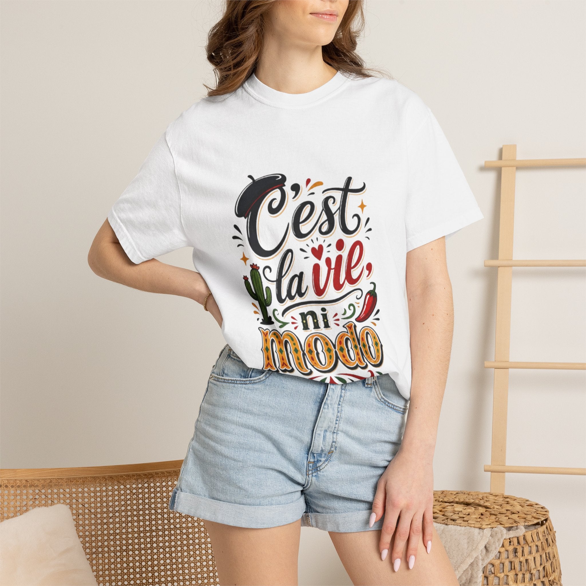 T-Shirt — "C'est la vie, ni modo" Spanish-English Phrase Tee with Cactus & Chili Design