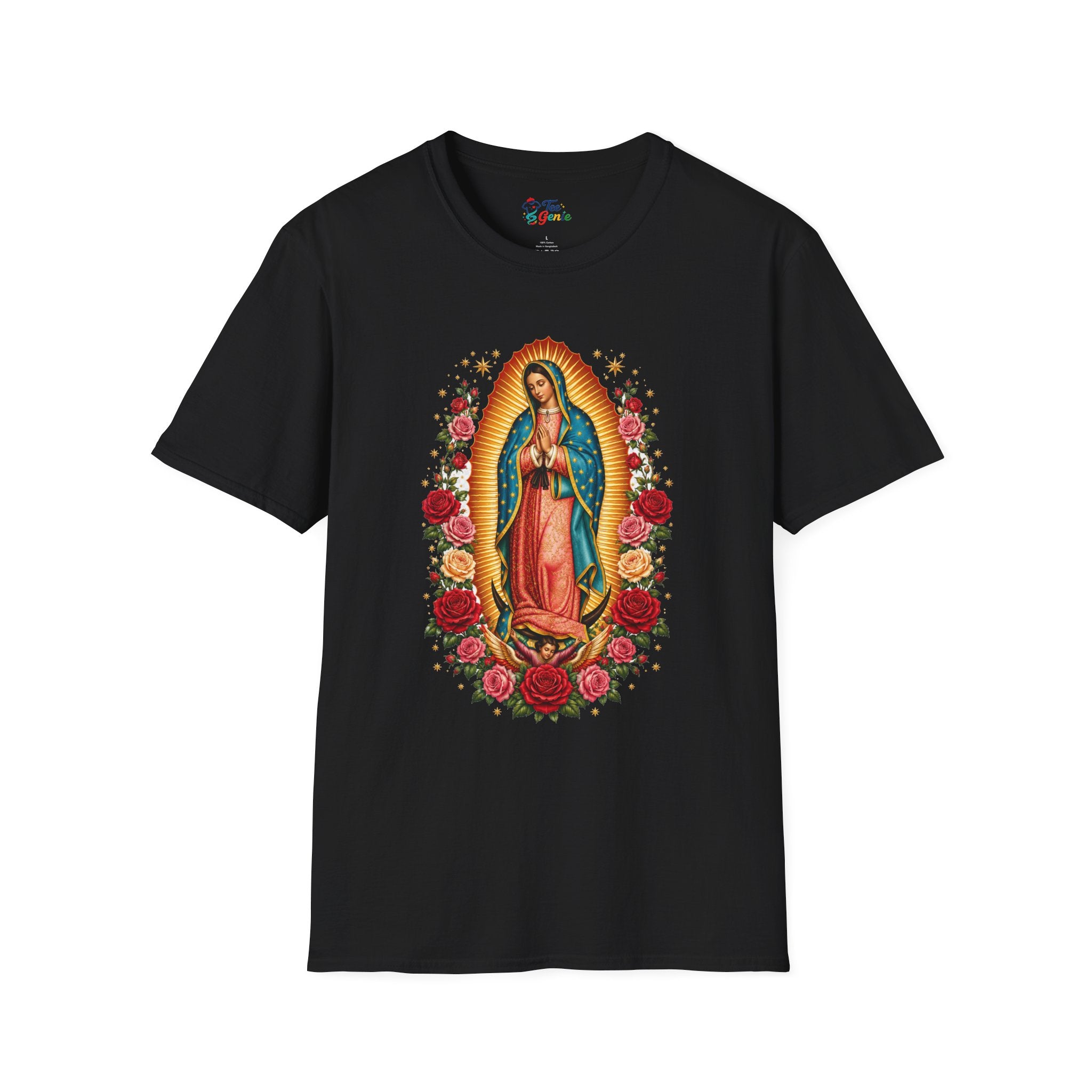 Playera Virgen de Guadalupe con Rosas y Rayos Dorados