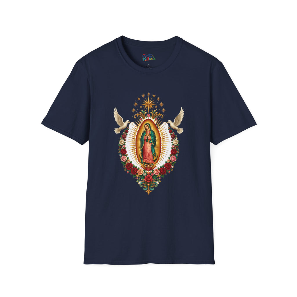 Playera Virgen de Guadalupe con Palomas y Rosas Doradas