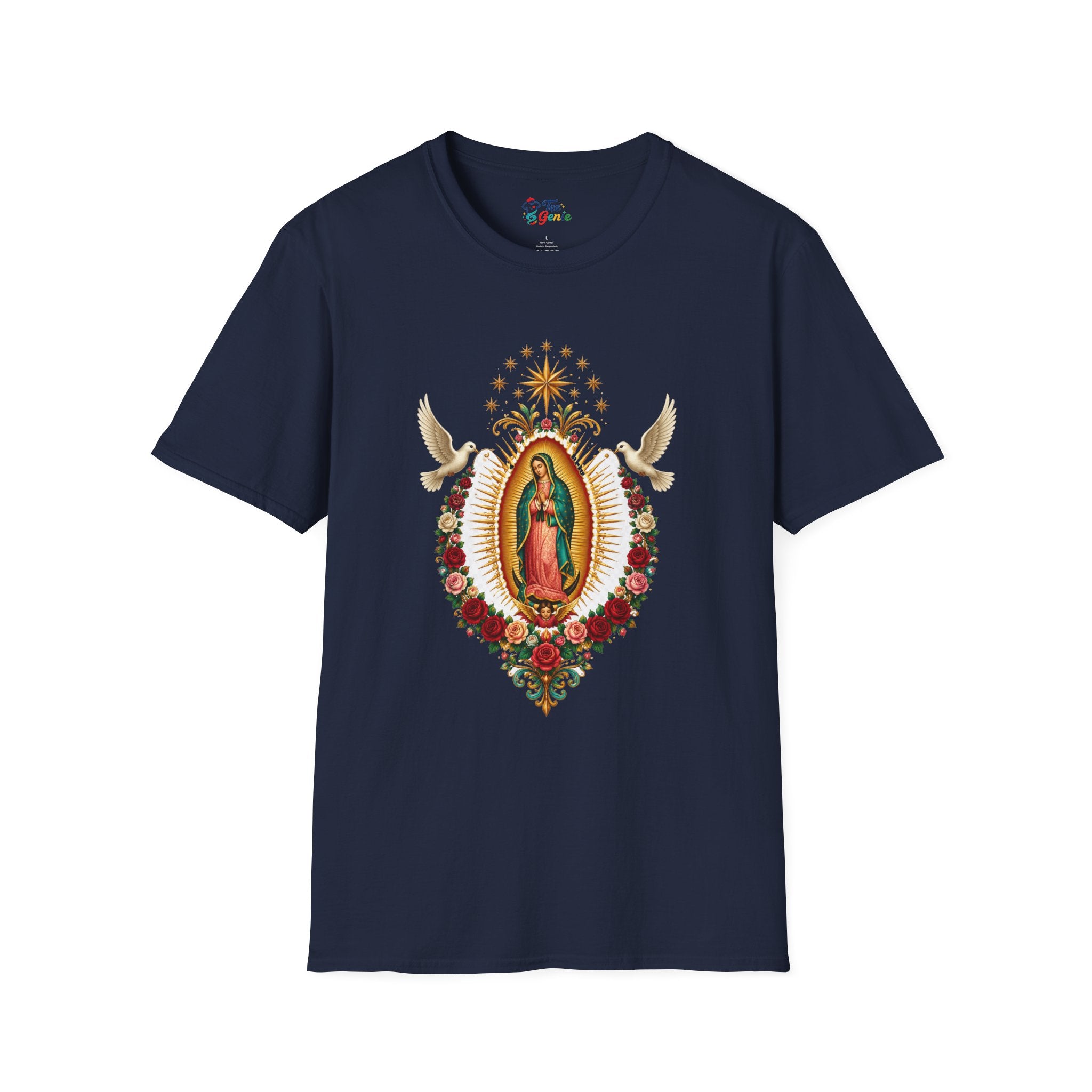 Playera Virgen de Guadalupe con Palomas y Rosas Doradas