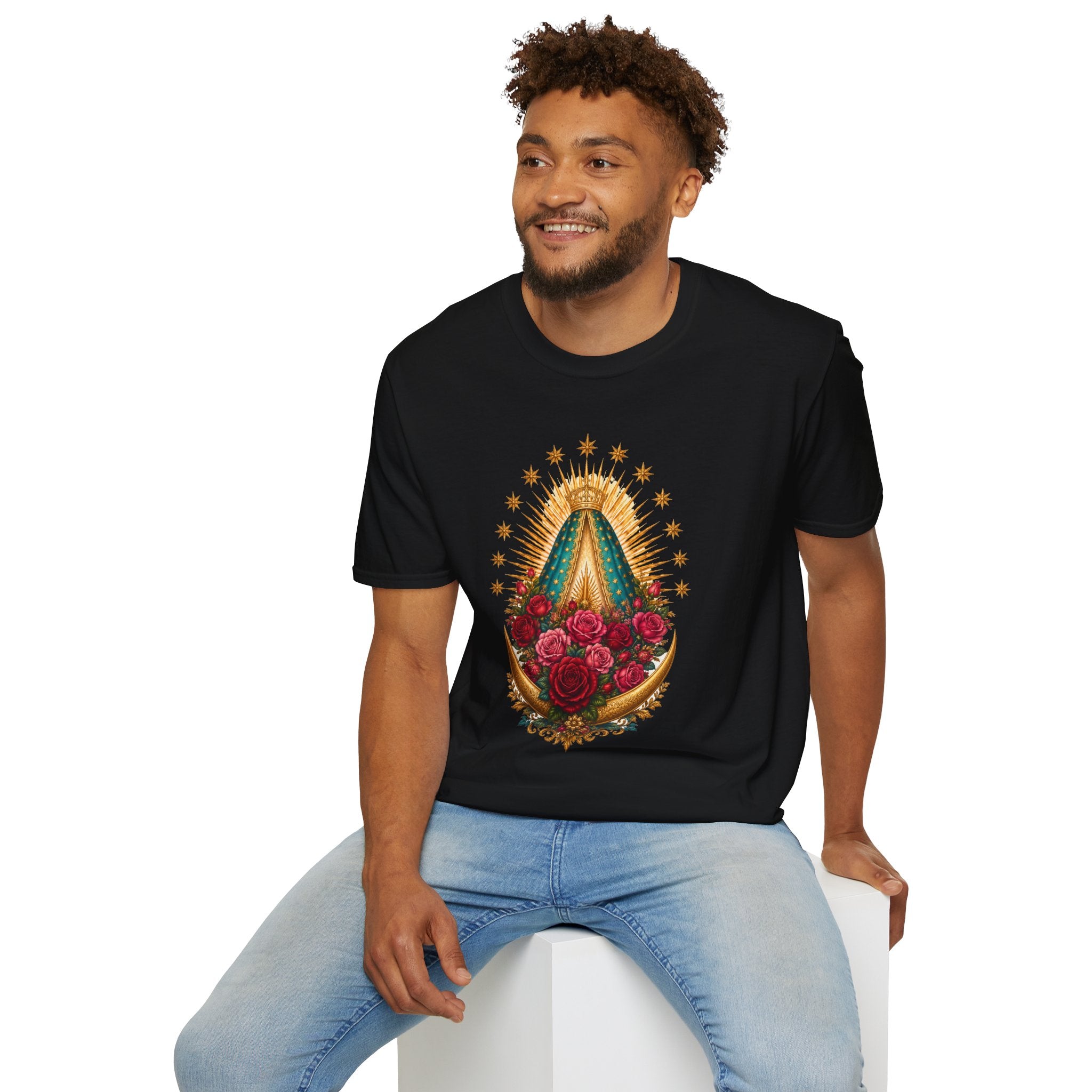 Playera Virgen de Guadalupe con Manto, Rosas y Luna Dorada