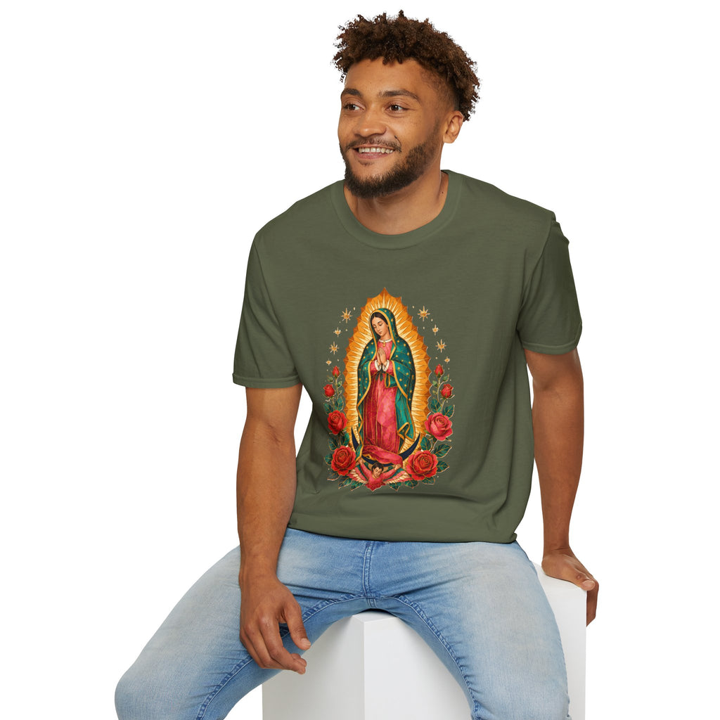 Playera Virgen de Guadalupe Geométrica con Rosas Mexicanas