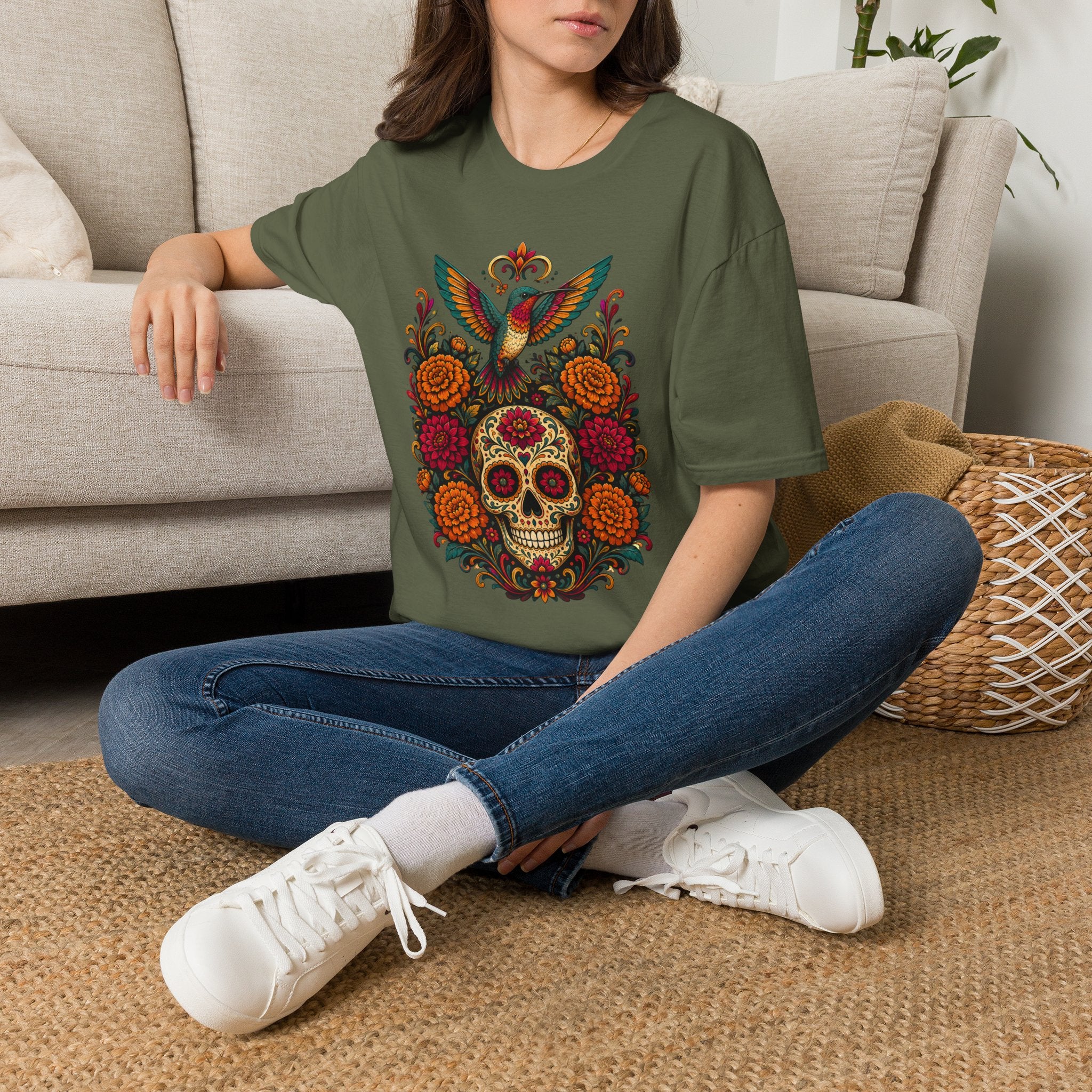 Playera Día de Muertos Colibrí y Calavera