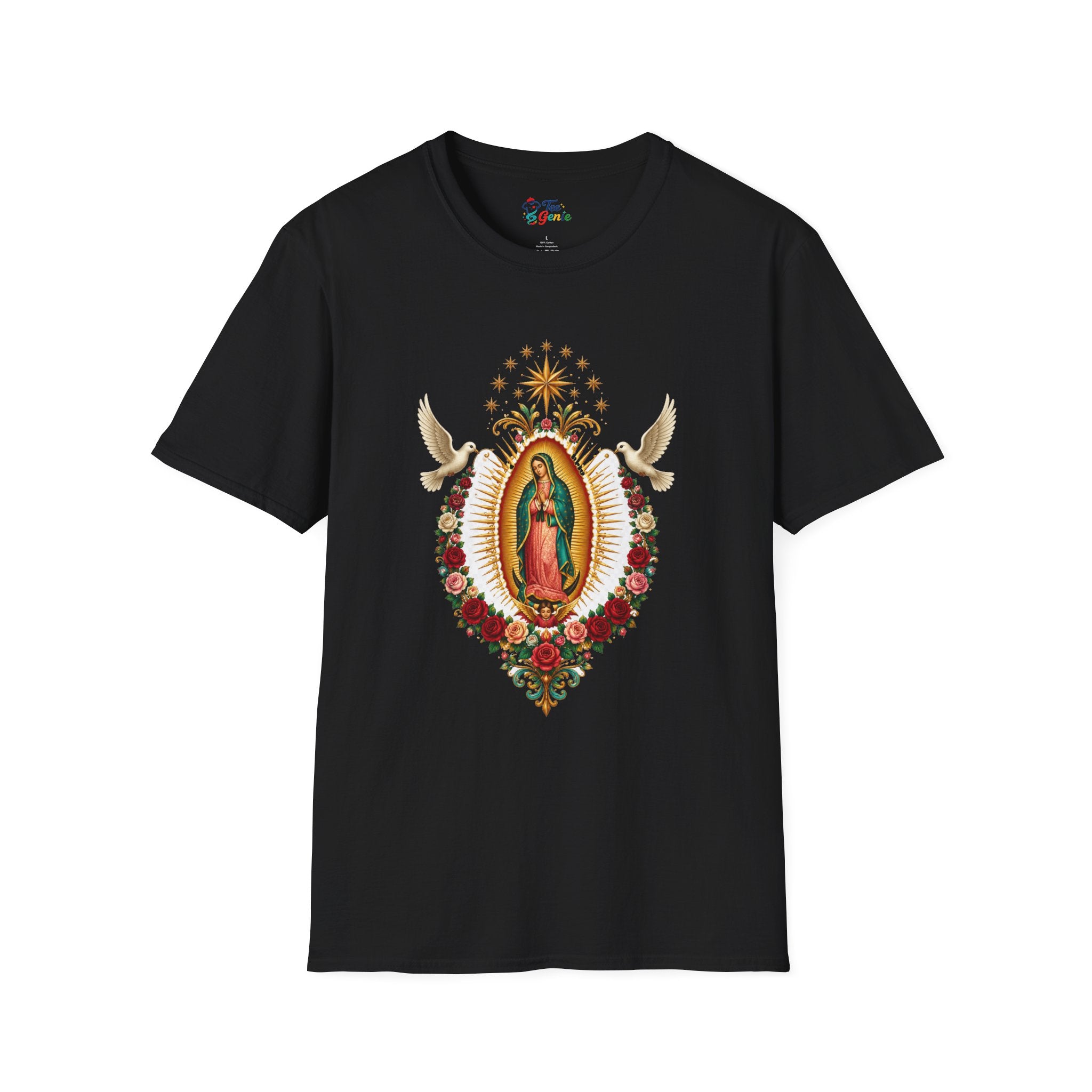 Playera Virgen de Guadalupe con Palomas y Rosas Doradas