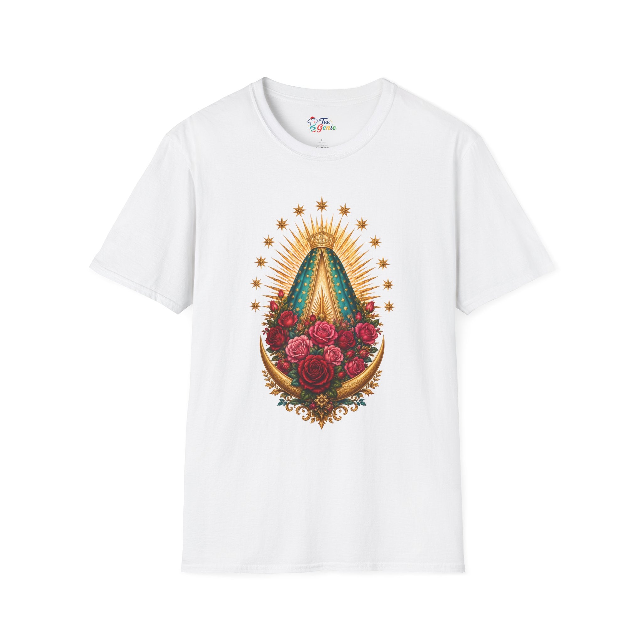Playera Virgen de Guadalupe con Manto, Rosas y Luna Dorada