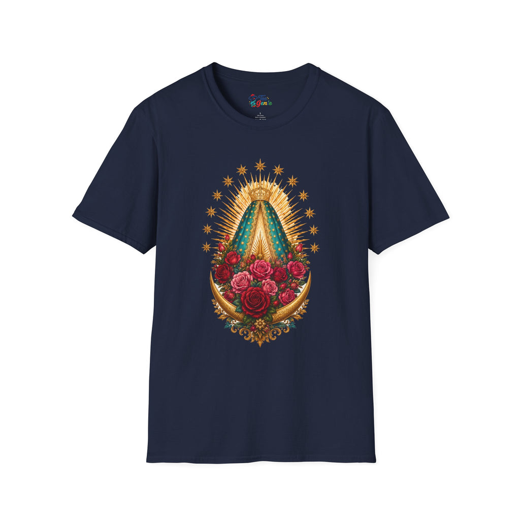 Playera Virgen de Guadalupe con Manto, Rosas y Luna Dorada