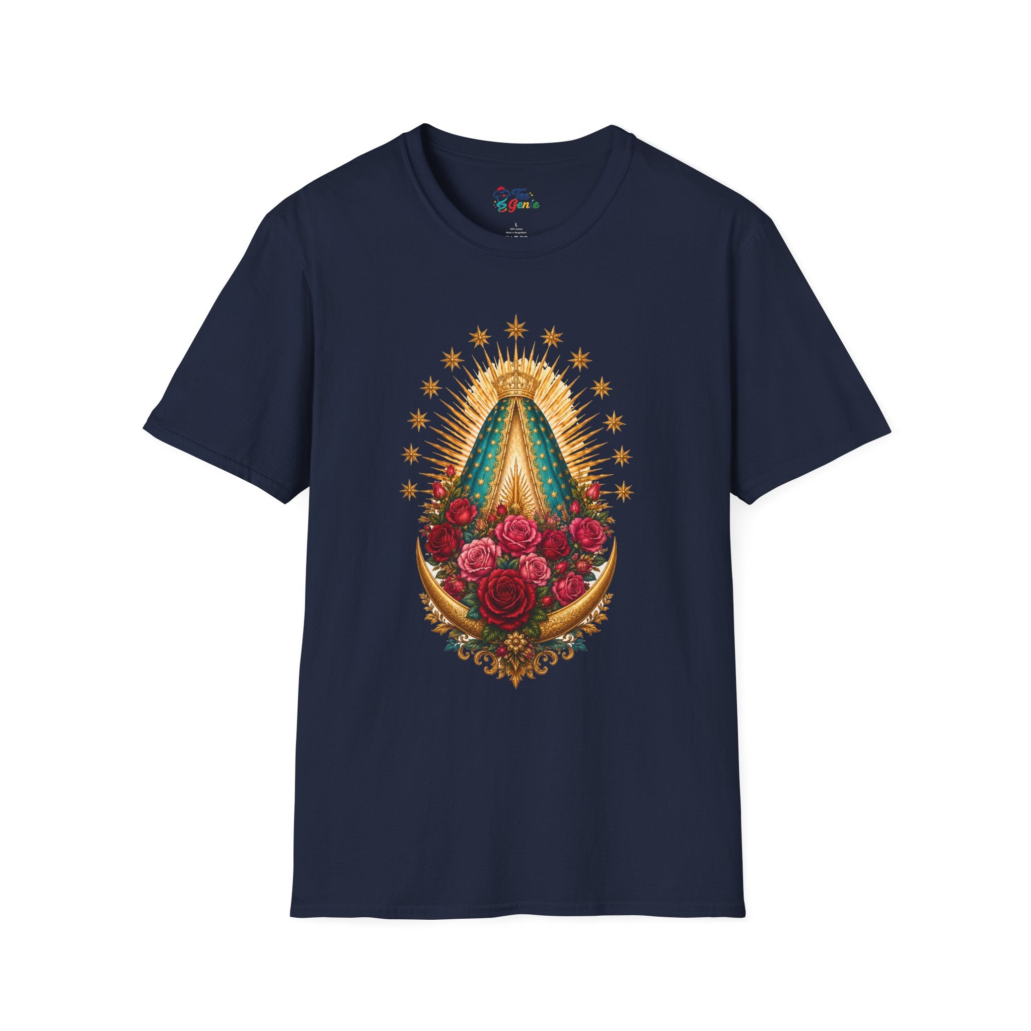 Playera Virgen de Guadalupe con Manto, Rosas y Luna Dorada
