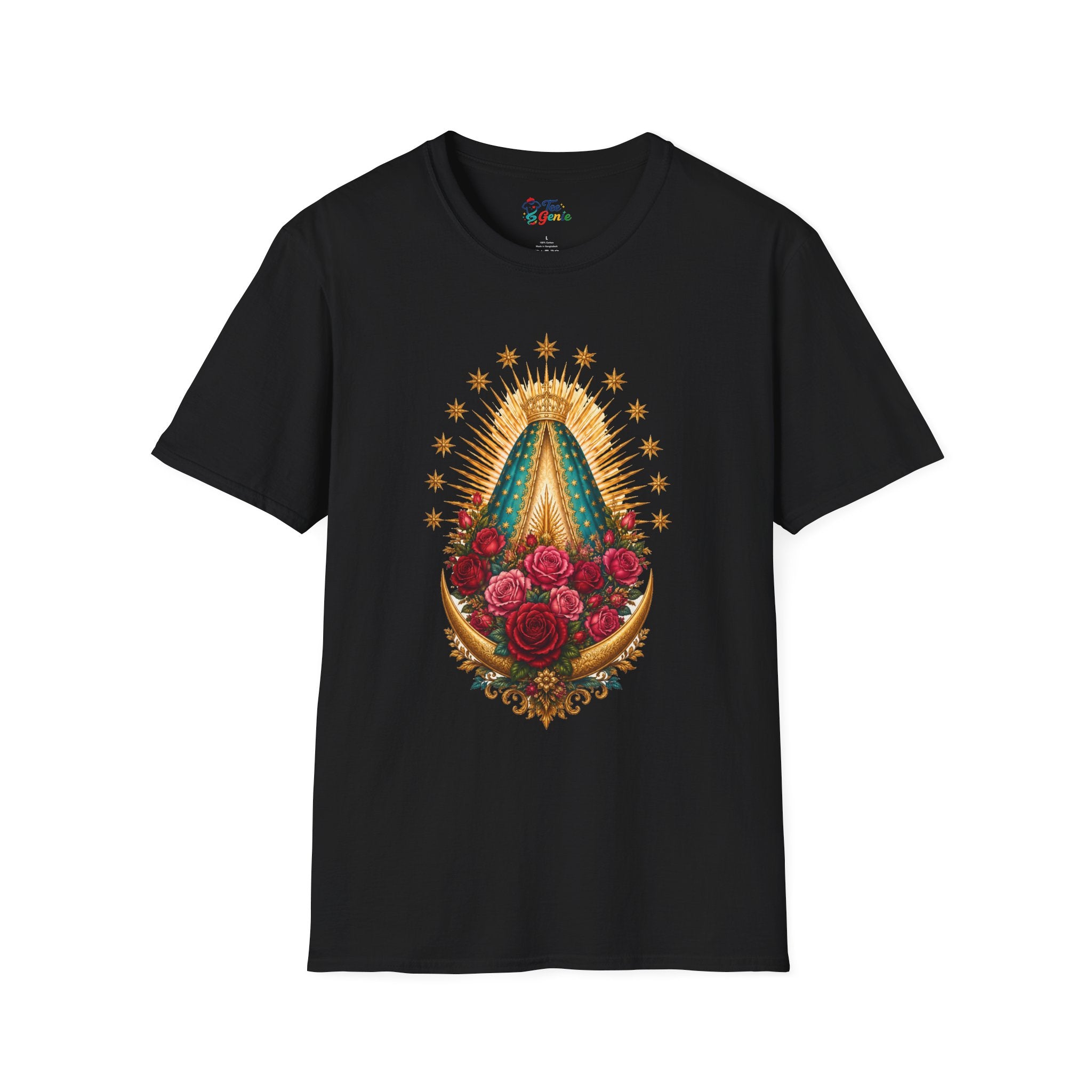 Playera Virgen de Guadalupe con Manto, Rosas y Luna Dorada