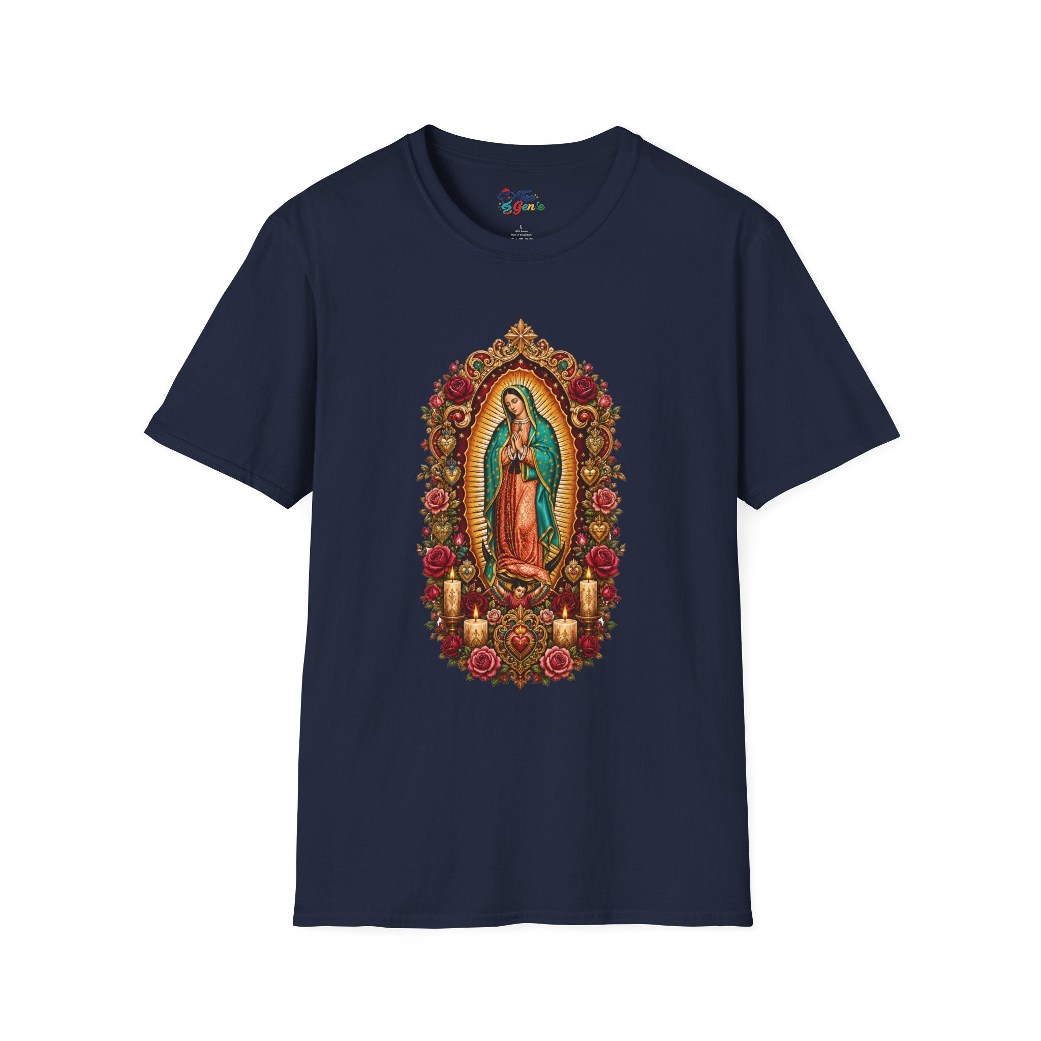Playera Virgen de Guadalupe Estilo Retablo con Corazones Sagrados