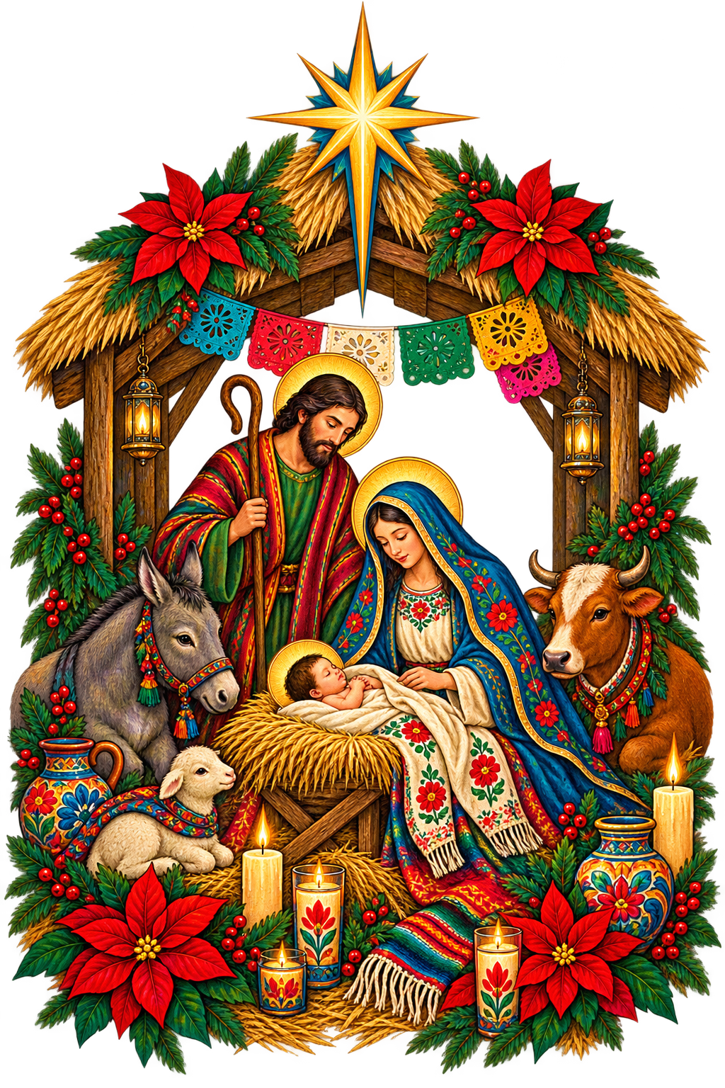 Nacimiento mexicano con María, José, el Niño Jesús, flores de Nochebuena, velas y papel picado