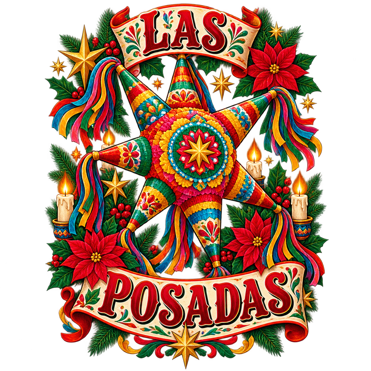 Piñata mexicana de siete picos rodeada de velas, flores de Nochebuena y estrellas