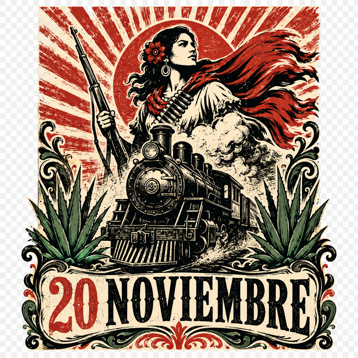 Ilustración del 20 de noviembre con Adelita, locomotora, agaves y rayos de sol