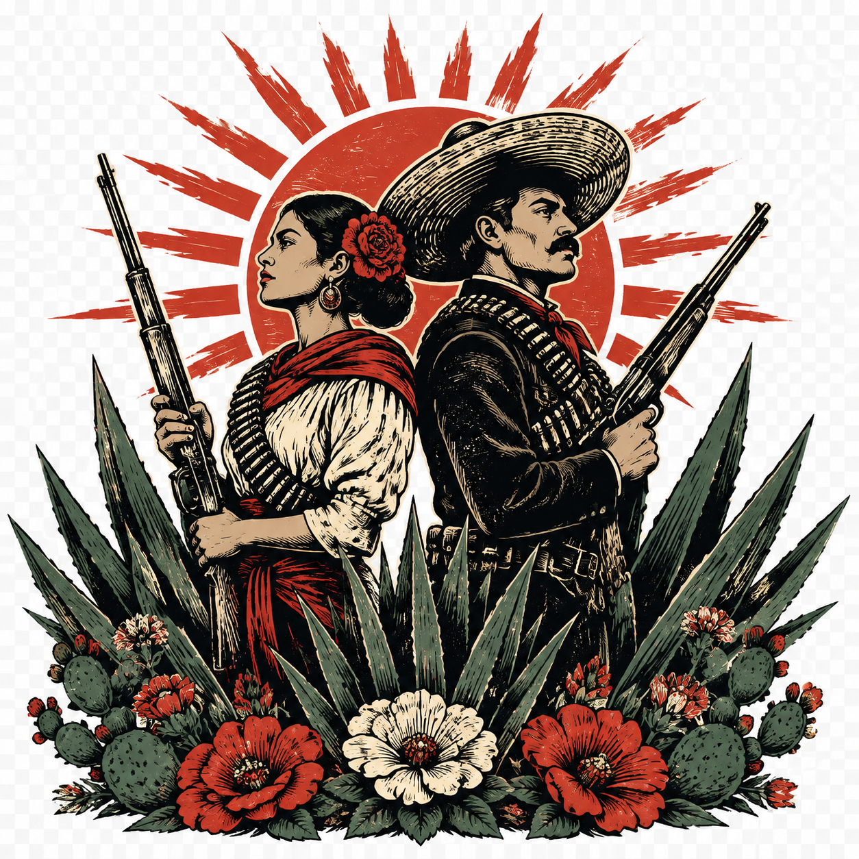 Ilustración artística de una Adelita y un revolucionario entre agaves y flores mexicanas