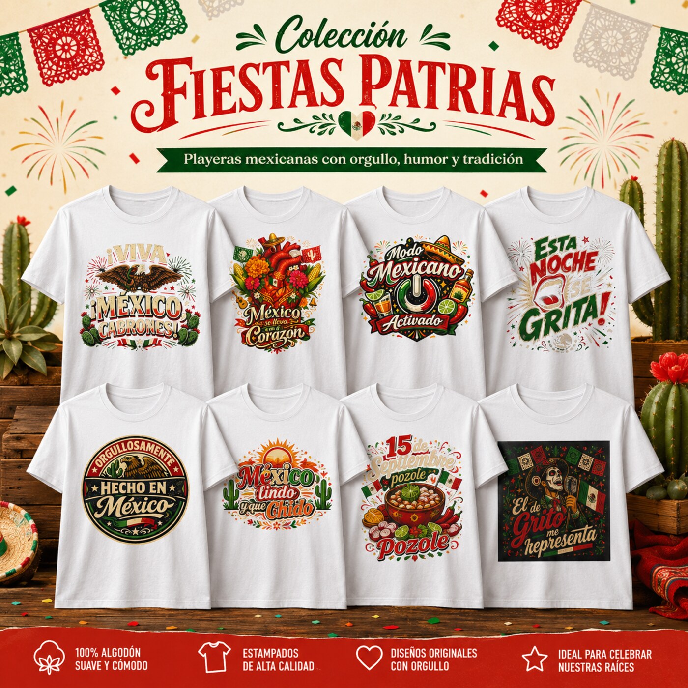 Cartel de la colección 15 de Septiembre con playeras mexicanas