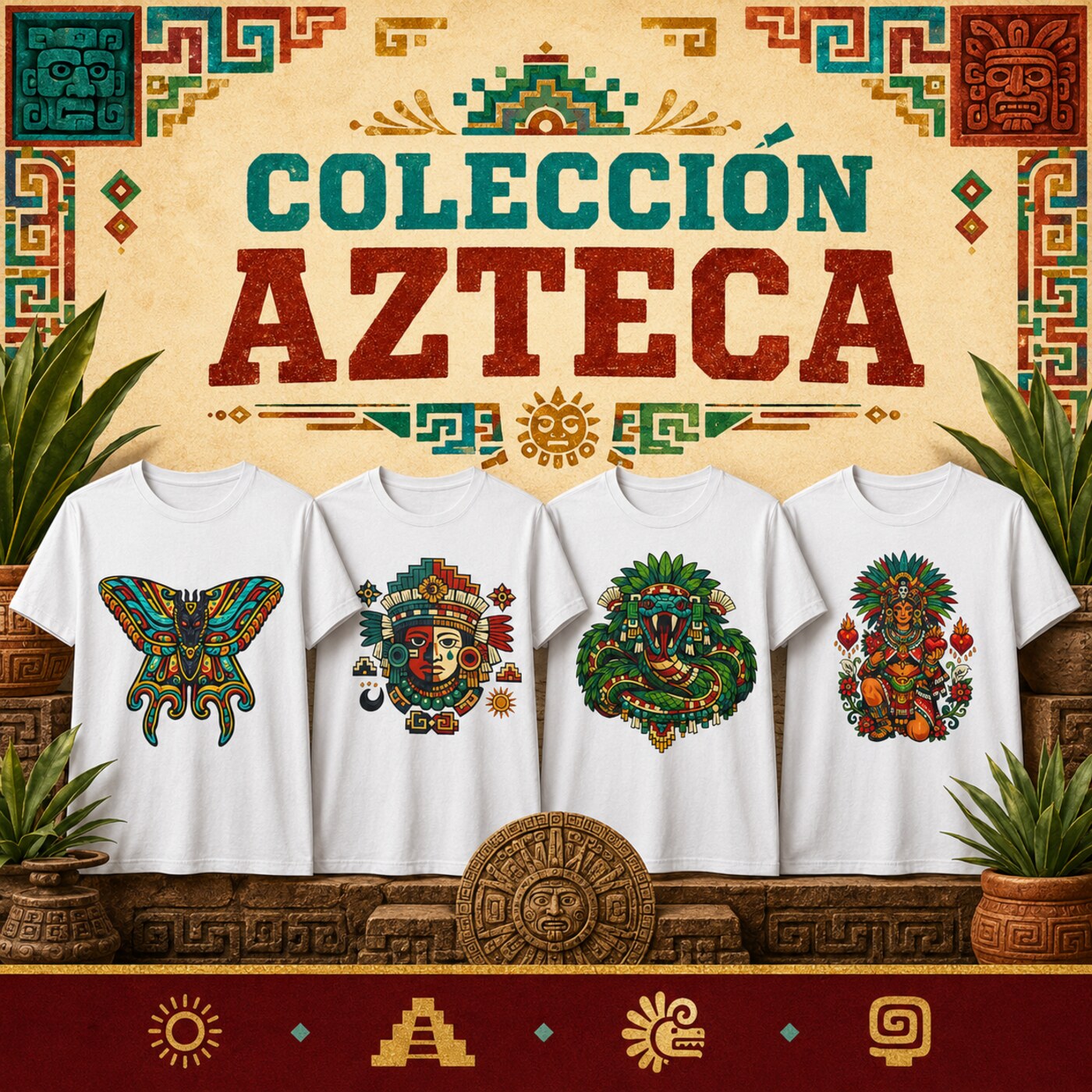 Cartel de la Colección Azteca con cuatro playeras Tee-Génie