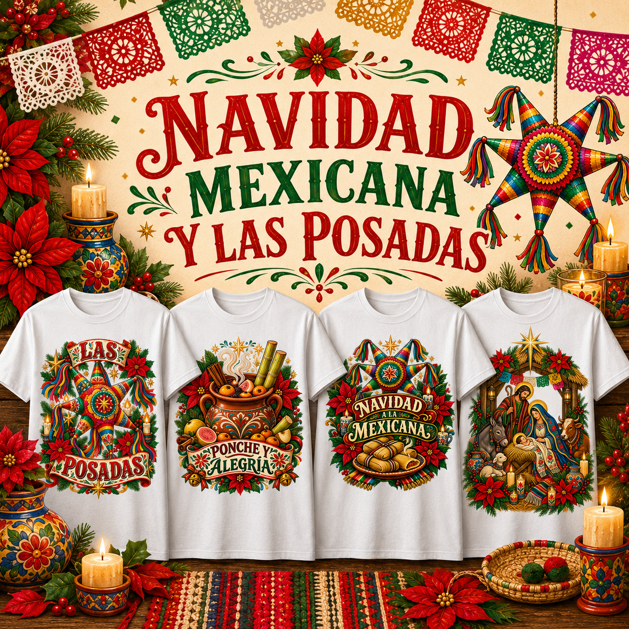 Colección Navidad Mexicana y Las Posadas con cuatro playeras de Tee-Génie