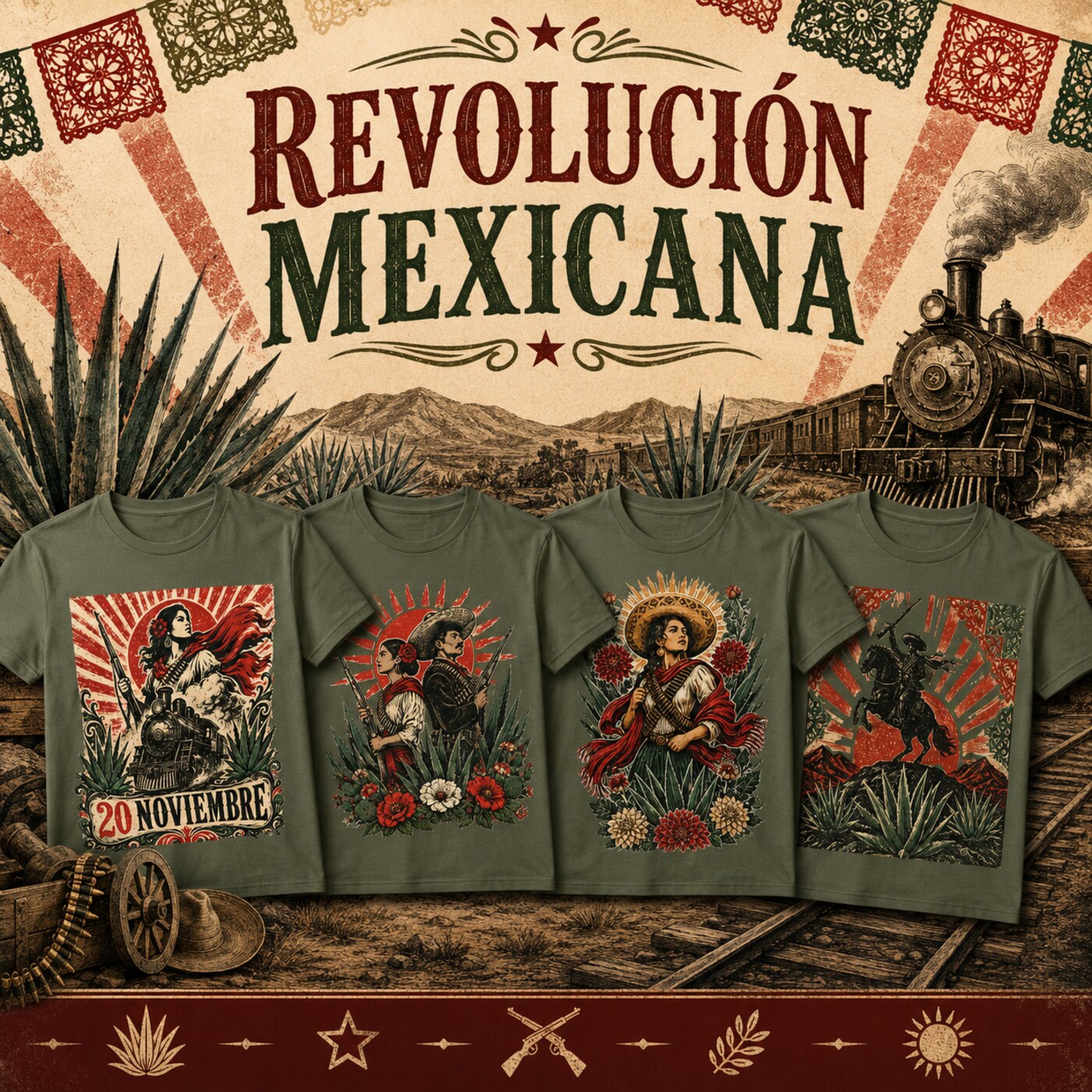 Cartel de la colección Revolución Mexicana con cuatro playeras