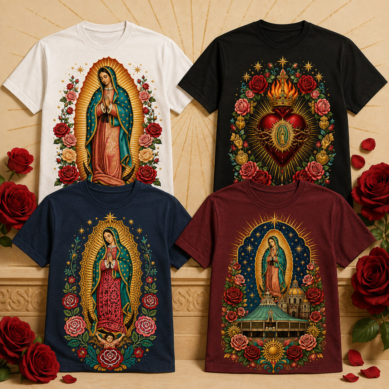 Colección Virgen de Guadalupe con cuatro playeras de Tee-Génie
